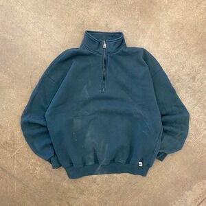 Vintage 90s Russell Athletic Green Quarter Zip Blank Crewneck Sweatshirt Size XL